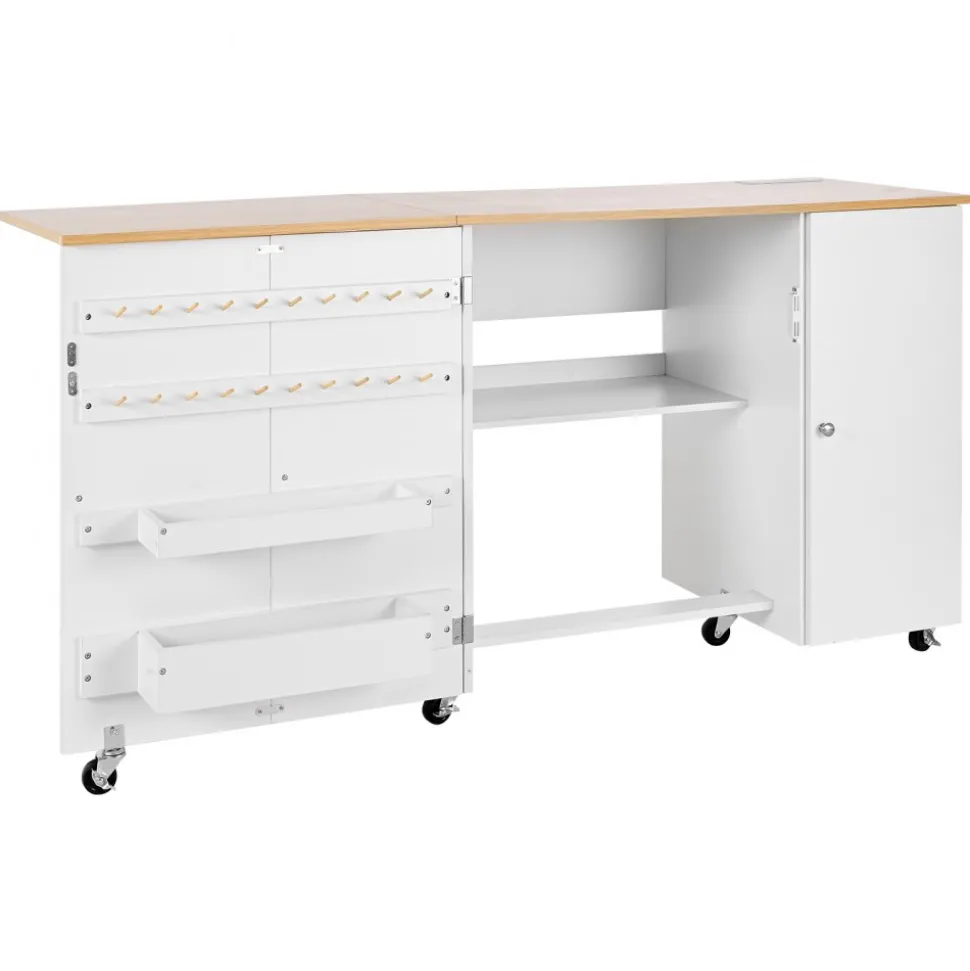 VEVOR Folding Sewing Table, Multipurpose Sewing Machine Table with Cabinet, Charging Station, Compact Design, Wheels, Wooden Pegs, Storage Trays and Shelf, Craft Station and Side Desk for Home