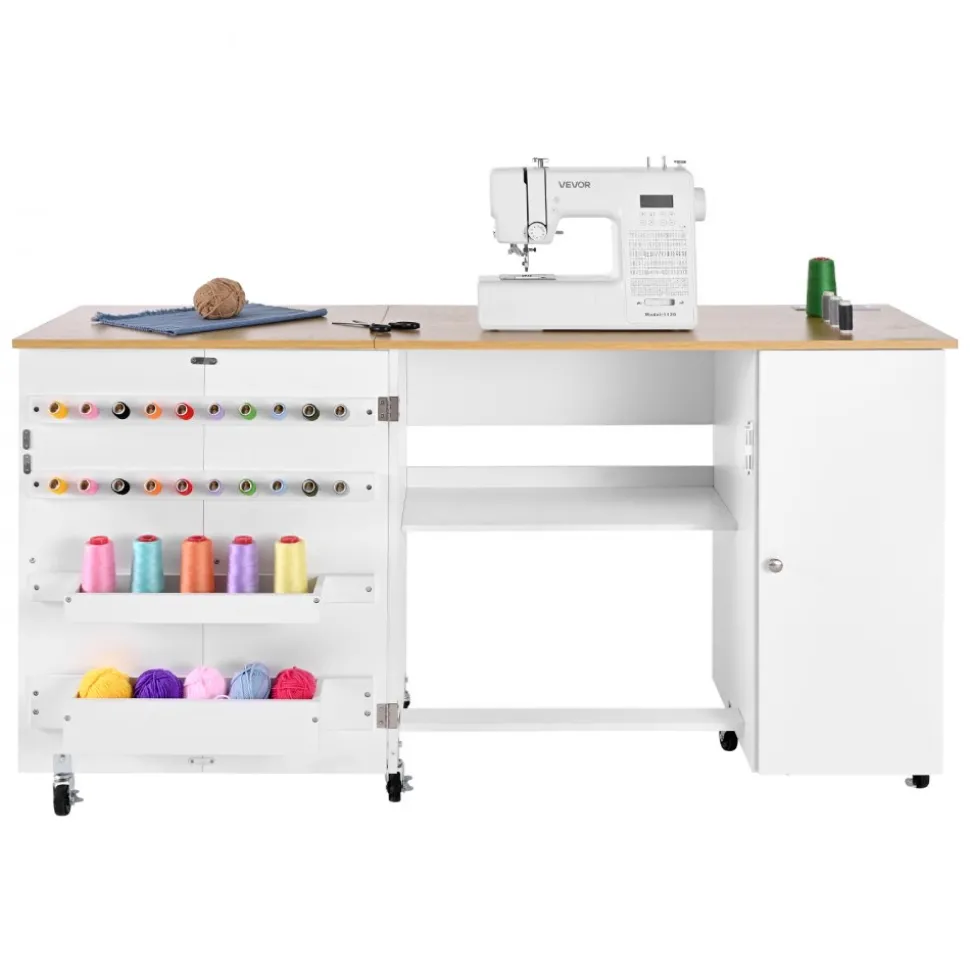 VEVOR Folding Sewing Table, Multipurpose Sewing Machine Table with Cabinet, Charging Station, Compact Design, Wheels, Wooden Pegs, Storage Trays and Shelf, Craft Station and Side Desk for Home