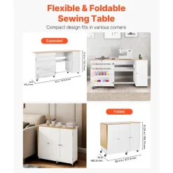 VEVOR Folding Sewing Table, Multipurpose Sewing Machine Table with Cabinet, Charging Station, Compact Design, Wheels, Wooden Pegs, Storage Trays and Shelf, Craft Station and Side Desk for Home