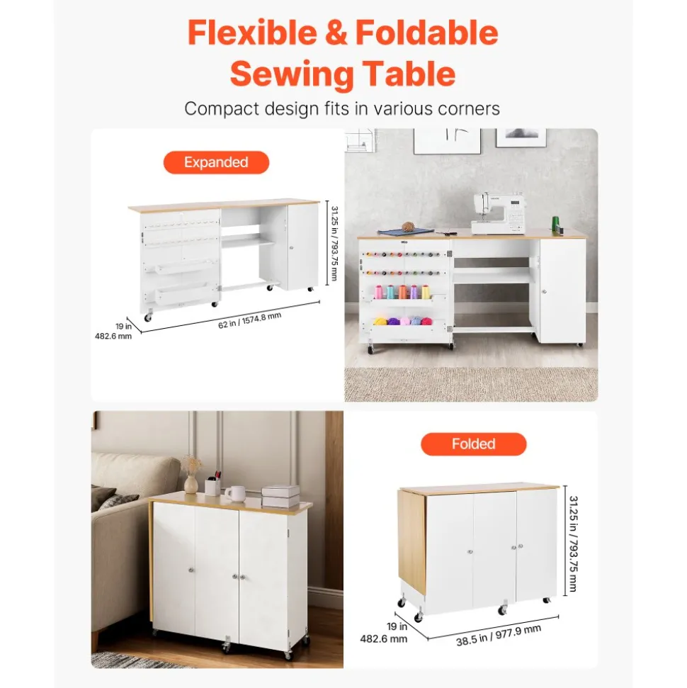 VEVOR Folding Sewing Table, Multipurpose Sewing Machine Table with Cabinet, Charging Station, Compact Design, Wheels, Wooden Pegs, Storage Trays and Shelf, Craft Station and Side Desk for Home