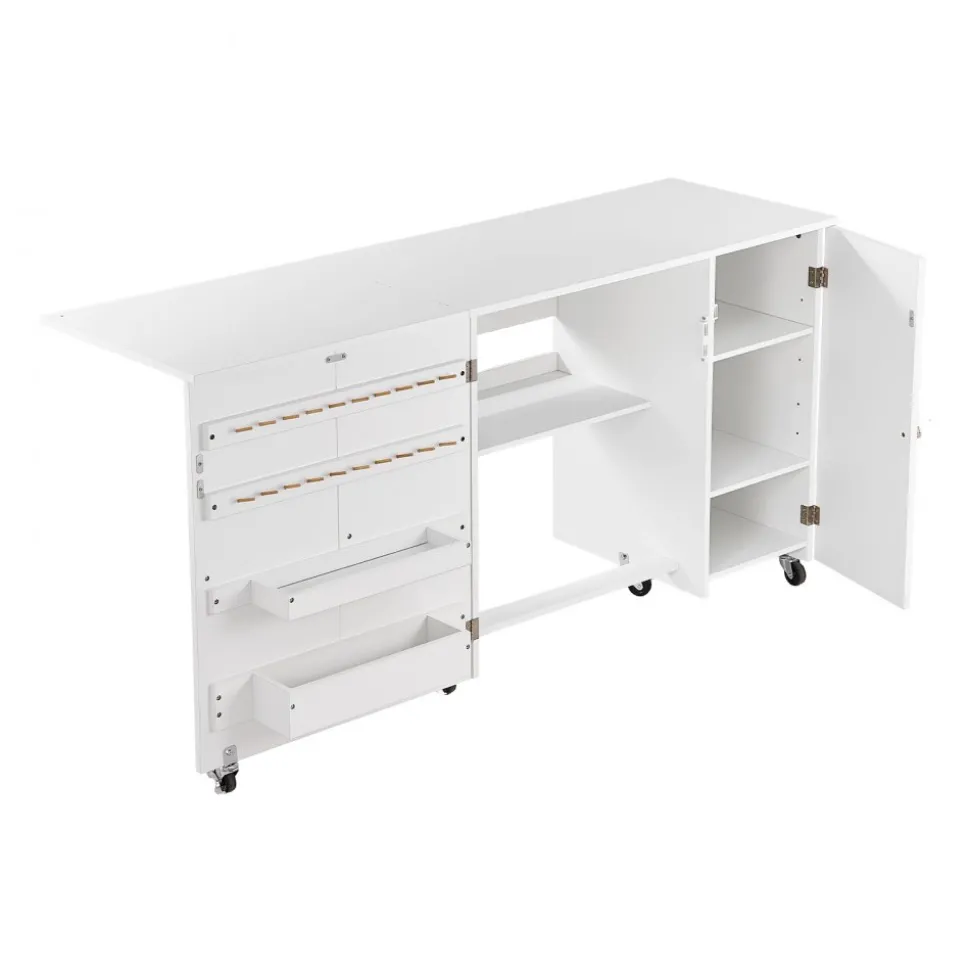 VEVOR Folding Sewing Table, Multipurpose Sewing Machine Table with Compact Design, Wheels, Shelves, Storage Trays, Wooden Pegs, and Magnetic Doors, Sewing Desk Cabinet for Sewing Machine, White