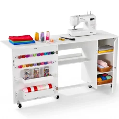 VEVOR Folding Sewing Table, Multipurpose Sewing Machine Table with Compact Design, Wheels, Shelves, Storage Trays, Wooden Pegs, and Magnetic Doors, Sewing Desk Cabinet for Sewing Machine, White