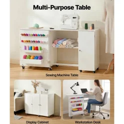 VEVOR Folding Sewing Table, Multipurpose Sewing Machine Table with Compact Design, Wheels, Shelves, Storage Trays, Wooden Pegs, and Magnetic Doors, Sewing Desk Cabinet for Sewing Machine, White