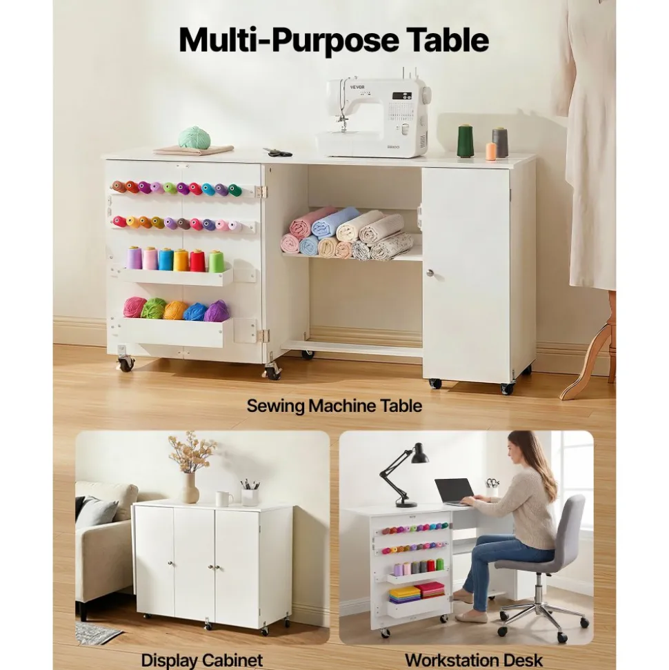 VEVOR Folding Sewing Table, Multipurpose Sewing Machine Table with Compact Design, Wheels, Shelves, Storage Trays, Wooden Pegs, and Magnetic Doors, Sewing Desk Cabinet for Sewing Machine, White