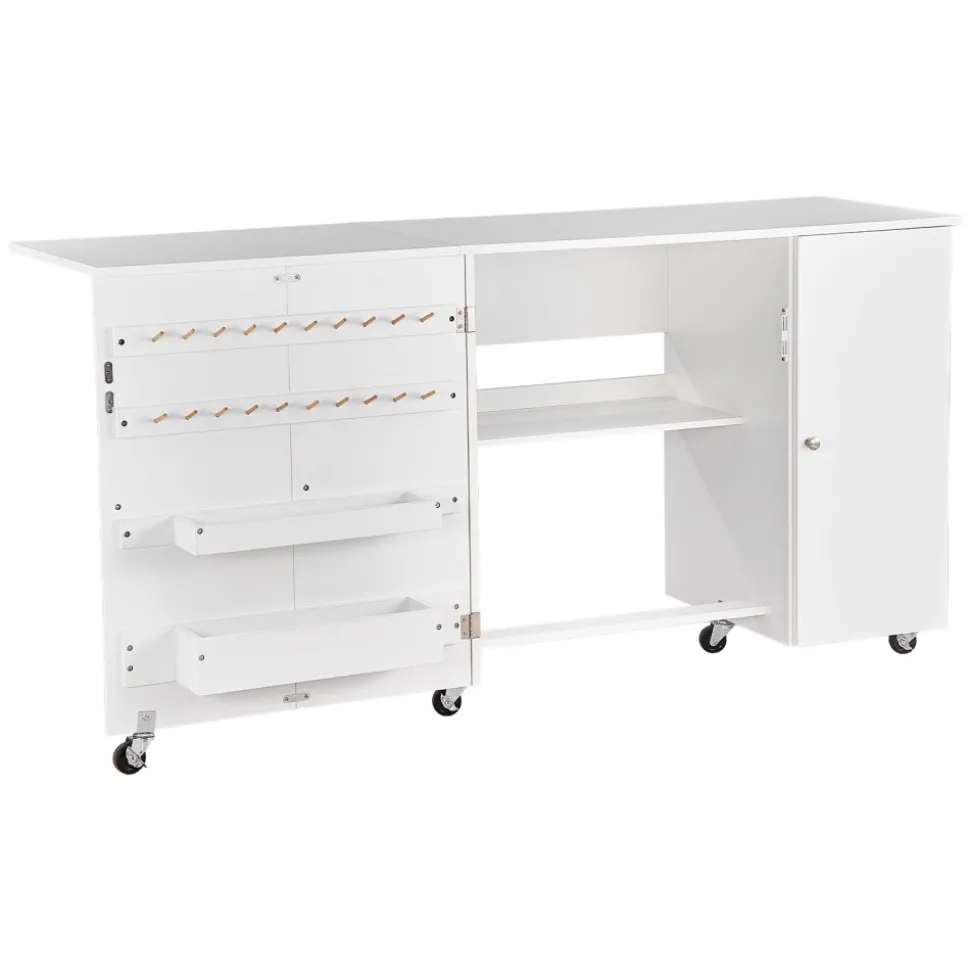 VEVOR Folding Sewing Table, Multipurpose Sewing Machine Table with Compact Design, Wheels, Shelves, Storage Trays, Wooden Pegs, and Magnetic Doors, Sewing Desk Cabinet for Sewing Machine, White