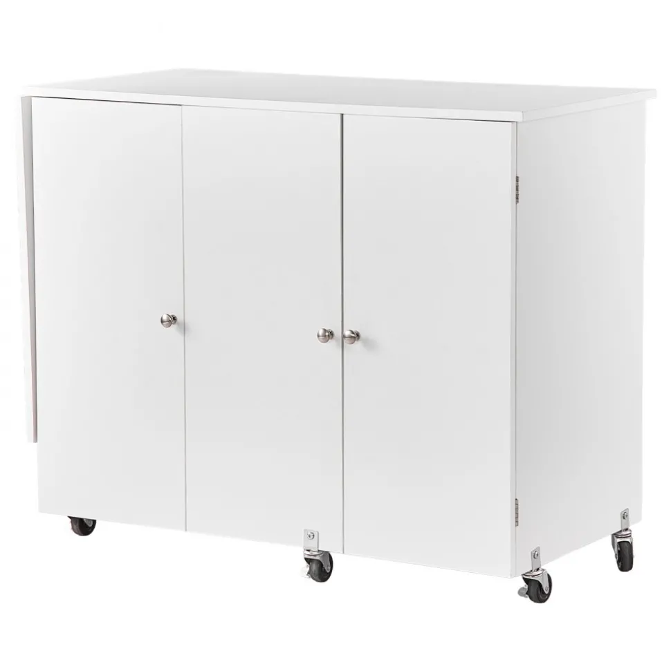 VEVOR Folding Sewing Table, Multipurpose Sewing Machine Table with Compact Design, Wheels, Shelves, Storage Trays, Wooden Pegs, and Magnetic Doors, Sewing Desk Cabinet for Sewing Machine, White