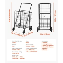 VEVOR Folding Shopping Cart, Jumbo Grocery Cart with Double Baskets, 360° Swivel Wheels, Heavy Duty Utility Cart, 110 LBS Large Capacity Utility Cart for Laundry, Shopping, Grocery, Luggage