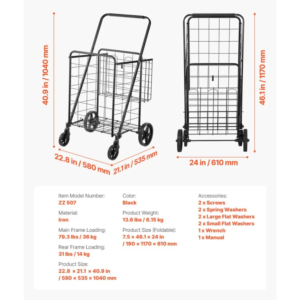 VEVOR Folding Shopping Cart, Jumbo Grocery Cart with Double Baskets, 360° Swivel Wheels, Heavy Duty Utility Cart, 110 LBS Large Capacity Utility Cart for Laundry, Shopping, Grocery, Luggage