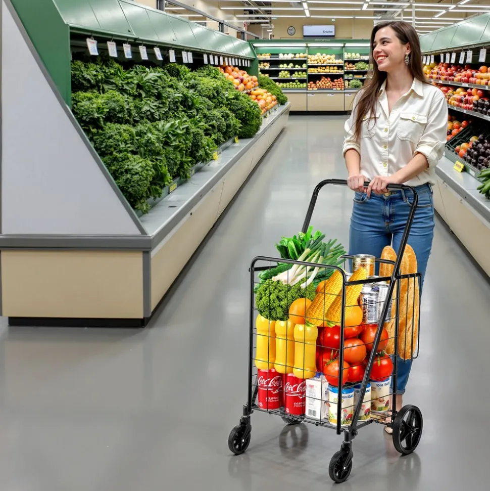 VEVOR Folding Shopping Cart, Jumbo Grocery Cart with Double Baskets, 360° Swivel Wheels, Heavy Duty Utility Cart, 110 LBS Large Capacity Utility Cart for Laundry, Shopping, Grocery, Luggage