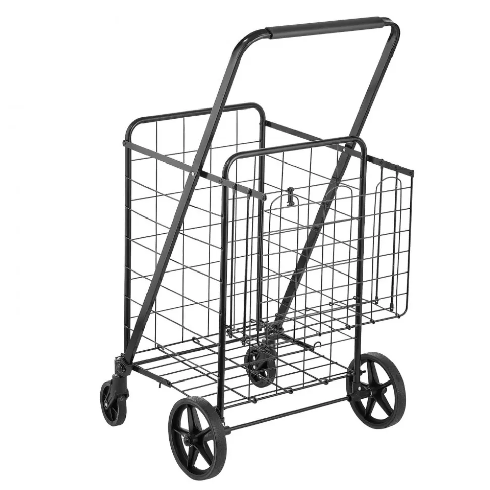 VEVOR Folding Shopping Cart, Jumbo Grocery Cart with Double Baskets, 360° Swivel Wheels, Heavy Duty Utility Cart, 110 LBS Large Capacity Utility Cart for Laundry, Shopping, Grocery, Luggage