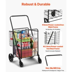 VEVOR Folding Shopping Cart, Jumbo Grocery Cart with Double Baskets, 360° Swivel Wheels, Heavy Duty Utility Cart, 110 LBS Large Capacity Utility Cart for Laundry, Shopping, Grocery, Luggage