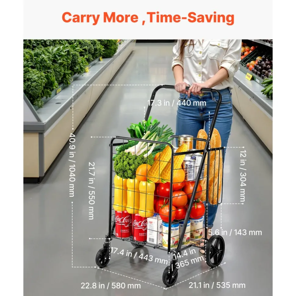 VEVOR Folding Shopping Cart, Jumbo Grocery Cart with Double Baskets, 360° Swivel Wheels, Heavy Duty Utility Cart, 110 LBS Large Capacity Utility Cart for Laundry, Shopping, Grocery, Luggage