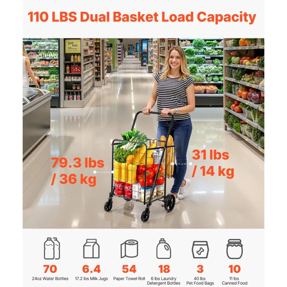 VEVOR Folding Shopping Cart, Jumbo Grocery Cart with Double Baskets, 360° Swivel Wheels, Heavy Duty Utility Cart, 110 LBS Large Capacity Utility Cart for Laundry, Shopping, Grocery, Luggage