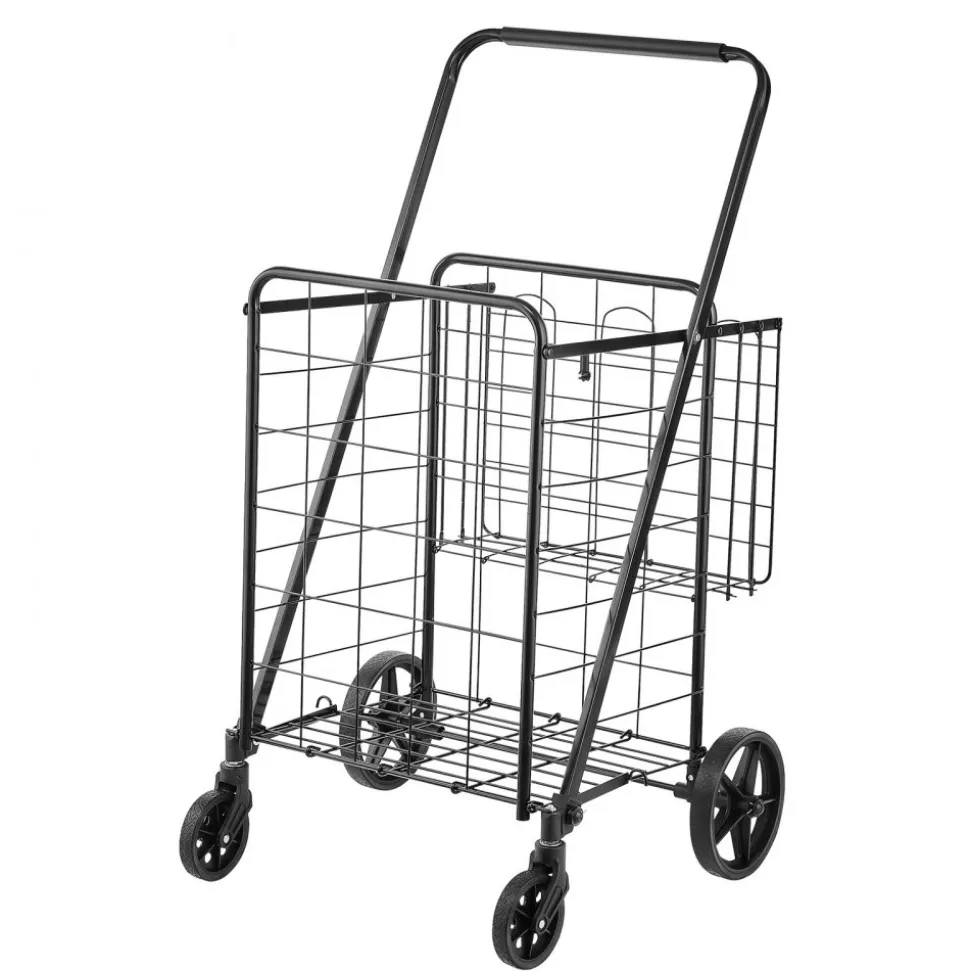 VEVOR Folding Shopping Cart, Jumbo Grocery Cart with Double Baskets, 360° Swivel Wheels, Heavy Duty Utility Cart, 110 LBS Large Capacity Utility Cart for Laundry, Shopping, Grocery, Luggage