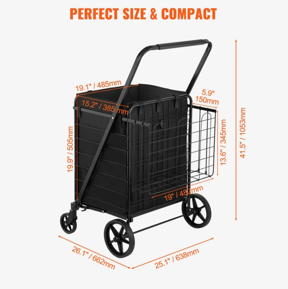 VEVOR Folding Shopping Cart with Removable Waterproof Liner, 210LBS Large Capacity Jumbo Grocery Cart with Dual Basket, 360° Swivel Wheels, Dense Metal Mesh Base, Heavy Duty Utility Cart for Shopping