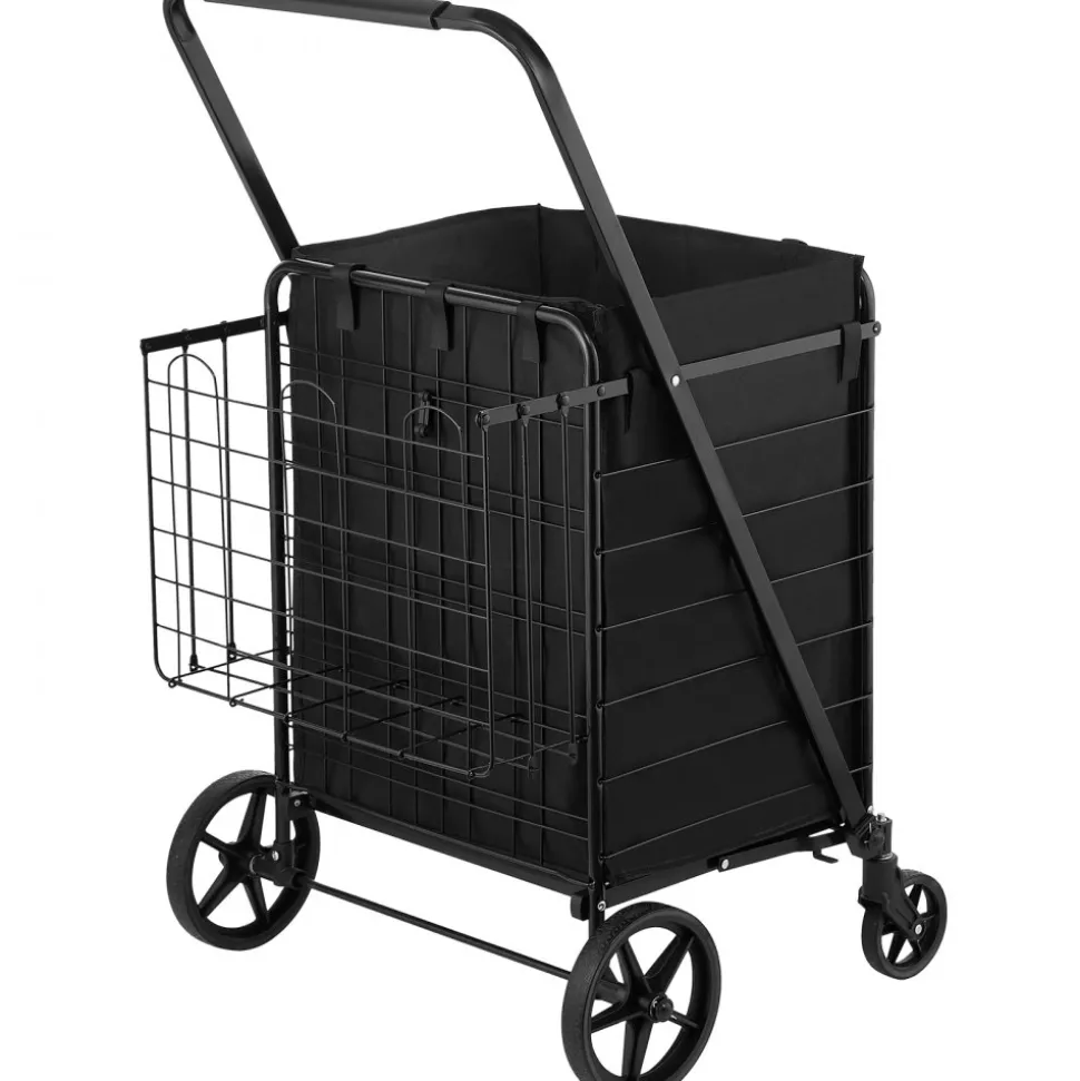 VEVOR Folding Shopping Cart with Removable Waterproof Liner, 210LBS Large Capacity Jumbo Grocery Cart with Dual Basket, 360° Swivel Wheels, Dense Metal Mesh Base, Heavy Duty Utility Cart for Shopping