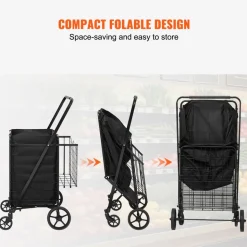 VEVOR Folding Shopping Cart with Removable Waterproof Liner, 210LBS Large Capacity Jumbo Grocery Cart with Dual Basket, 360° Swivel Wheels, Dense Metal Mesh Base, Heavy Duty Utility Cart for Shopping