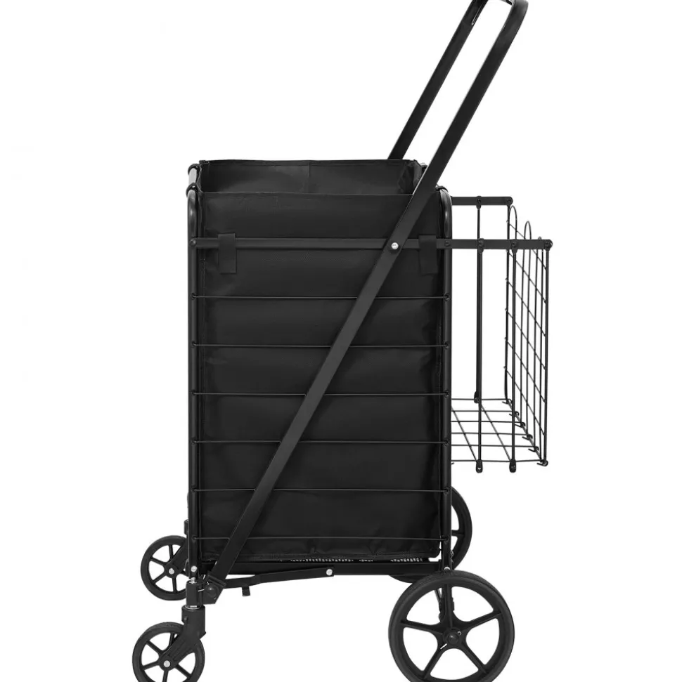 VEVOR Folding Shopping Cart with Removable Waterproof Liner, 210LBS Large Capacity Jumbo Grocery Cart with Dual Basket, 360° Swivel Wheels, Dense Metal Mesh Base, Heavy Duty Utility Cart for Shopping