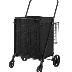 VEVOR Folding Shopping Cart with Removable Waterproof Liner, 210LBS Large Capacity Jumbo Grocery Cart with Dual Basket, 360° Swivel Wheels, Dense Metal Mesh Base, Heavy Duty Utility Cart for Shopping