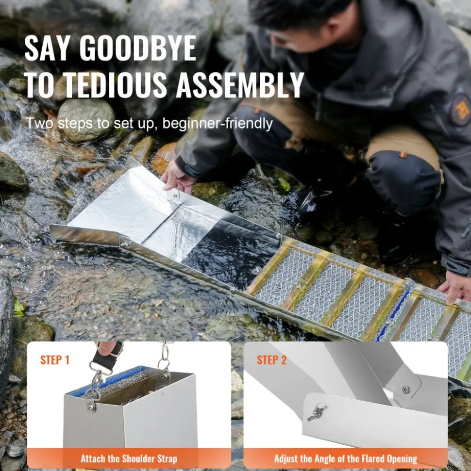 VEVOR Folding Sluice Box Gold Panning Kit, 50 Inch 23pc Gold Prospecting Equipment Kit with Gold Pan, Classifier Screen, Separating Magnet, Backpack and More