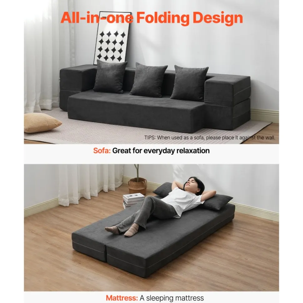 VEVOR Folding Sofa Bed, 3-in-1 Foldable Couch Bed with 3 Pillows and Washable Cover, 25D High Density Memory Foam Convertible Sleeper Chair Bed, Futon Couch for Living Room, Bedroom, Dark Grey(Twin)