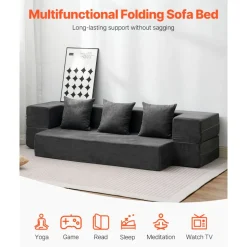 VEVOR Folding Sofa Bed, 3-in-1 Foldable Couch Bed with 3 Pillows and Washable Cover, 25D High Density Memory Foam Convertible Sleeper Chair Bed, Futon Couch for Living Room, Bedroom, Dark Grey(Twin)