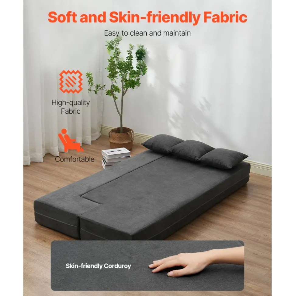 VEVOR Folding Sofa Bed, 3-in-1 Foldable Couch Bed with 3 Pillows and Washable Cover, 25D High Density Memory Foam Convertible Sleeper Chair Bed, Futon Couch for Living Room, Bedroom, Dark Grey(Twin)