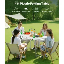 VEVOR Folding Table, 4 Ft Heavy Duty Portable Fold-in-Half Utility Table, Indoor Outdoor Plastic Rectangle Table with Adjustable Height and Built in Handle, for Party, Dining, Picnic, Camping, White