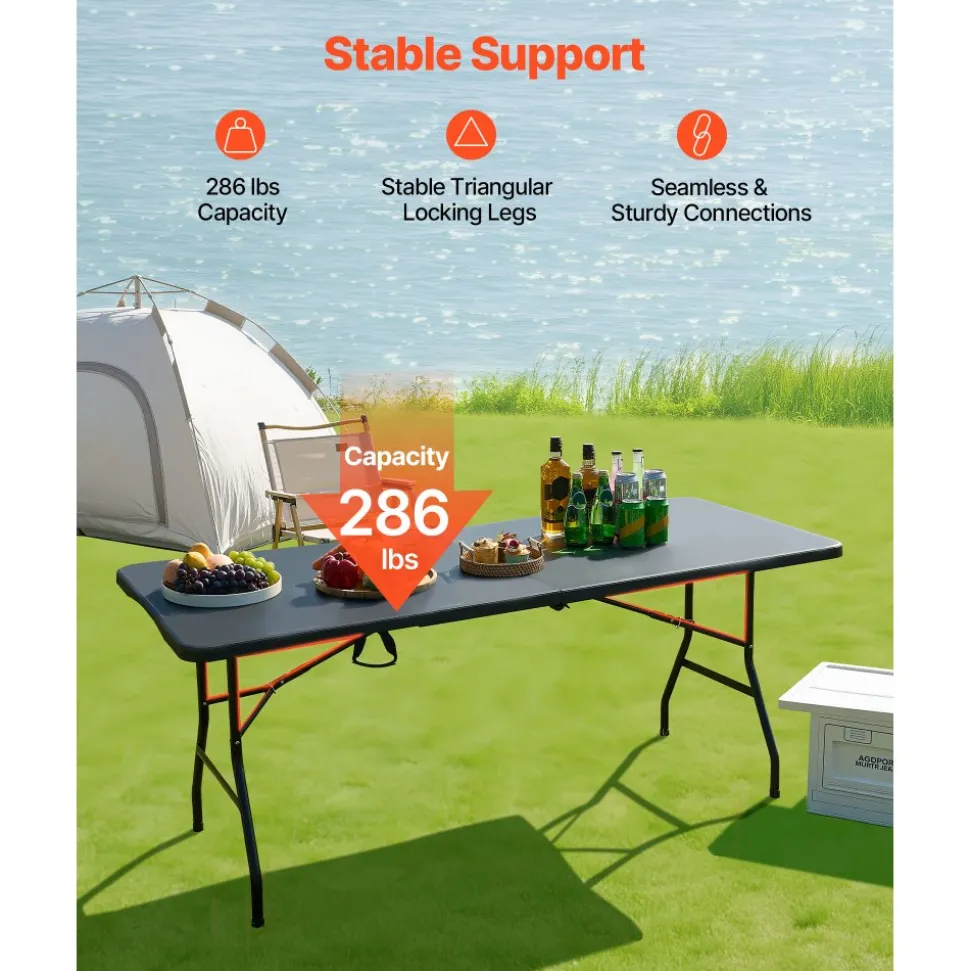 VEVOR Folding Table, 6 Ft Heavy Duty Portable Fold-in-Half Utility Table, Indoor Outdoor Plastic Rectangle Table with Built in Handle, for Party, Dining, Wedding, Events, Picnic, Camping, Black
