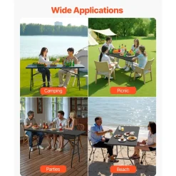 VEVOR Folding Table, 6 Ft Heavy Duty Portable Fold-in-Half Utility Table, Indoor Outdoor Plastic Rectangle Table with Built in Handle, for Party, Dining, Wedding, Events, Picnic, Camping, Black