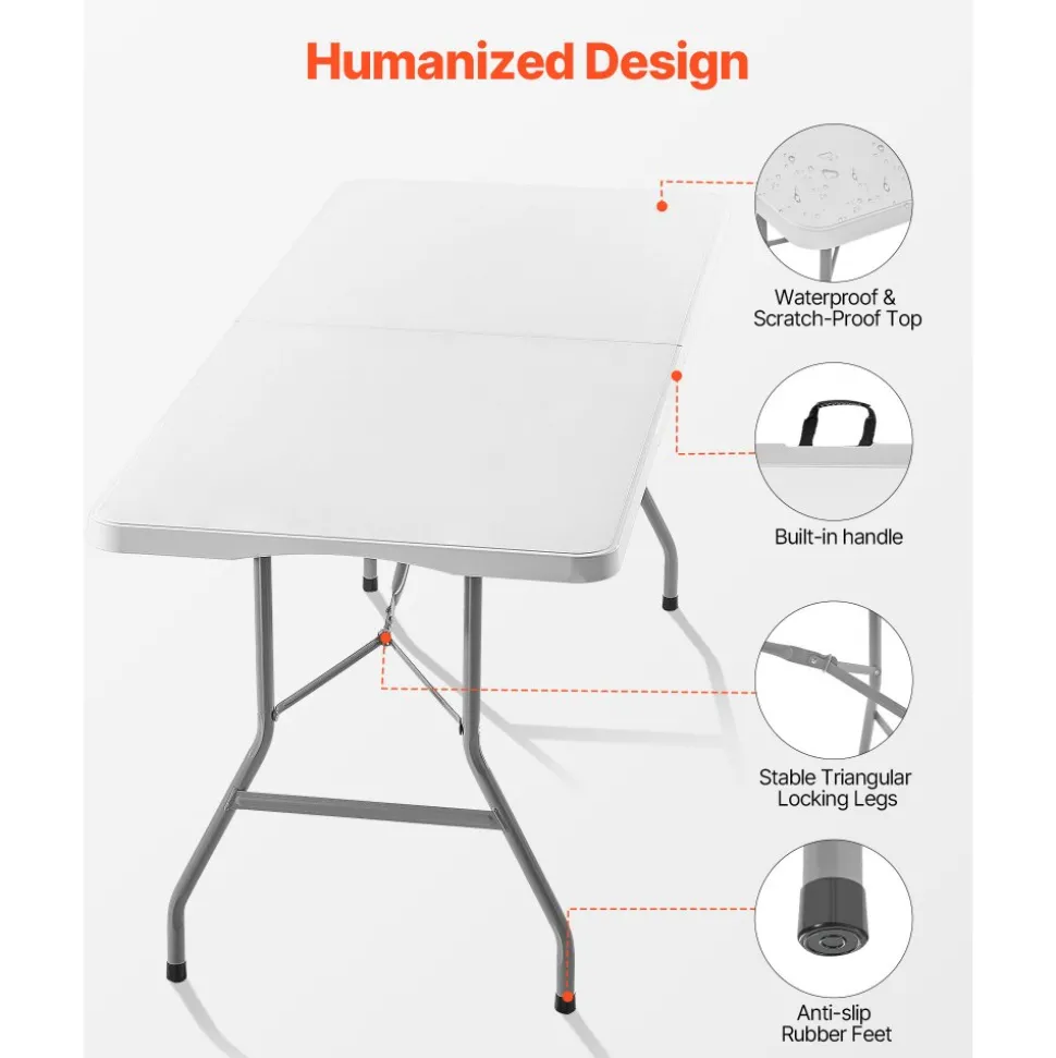 VEVOR Folding Table, 6 Ft Heavy Duty Portable Fold-in-Half Utility Table, Indoor Outdoor Plastic Rectangle Table with Built in Handle, for Party, Dining, Wedding, Events, Picnic, Camping, White