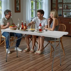 VEVOR Folding Table, 6 Ft Heavy Duty Portable Fold-in-Half Utility Table, Indoor Outdoor Plastic Rectangle Table with Built in Handle, for Party, Dining, Wedding, Events, Picnic, Camping, White