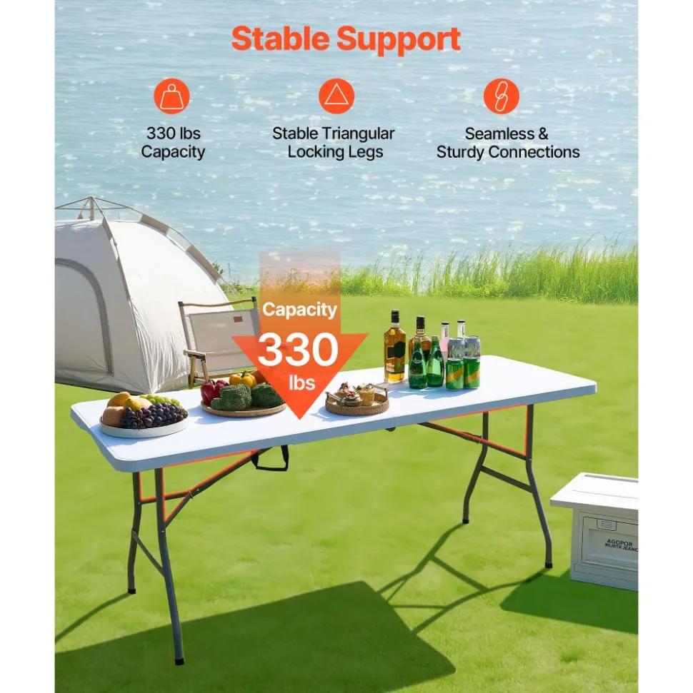 VEVOR Folding Table, 6 Ft Heavy Duty Portable Fold-in-Half Utility Table, Indoor Outdoor Plastic Rectangle Table with Built in Handle, for Party, Dining, Wedding, Events, Picnic, Camping, White