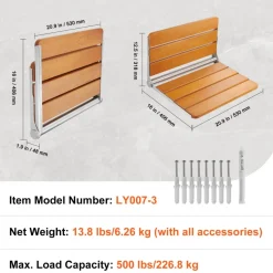 VEVOR Folding Teak Shower Seat, 20.9 x 16'' Unfolded, Wall Mounted Fold Up Shower Bench with 500 lbs Load Capacity, Space Saving Home Care Fold Down Shower Chair, for Seniors Pregnant Women Children