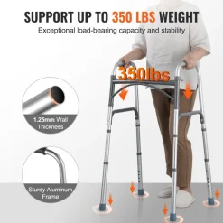 VEVOR Folding Walker, 2-Button Folding Walkers with 8-Level Adjustable Height and Durable Handles, Lightweight Aluminum Mobility Walker Aid for Elderly Handicapped Disabled, Up to 350 Pounds