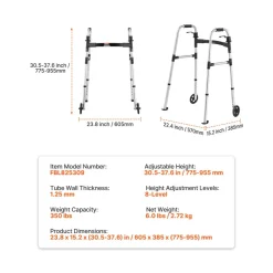VEVOR Folding Walker, 2-Button Foldable Walker with 5" Wheels & 8-Level Adjustable Height, 350LBS Loading Lightweight Aluminum Mobility Walking Aid, Front-Wheeled Rolling Walkers for Seniors Adults