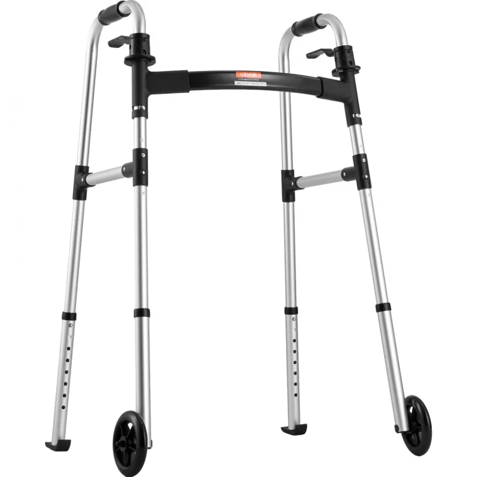 VEVOR Folding Walker, 2-Button Foldable Walker with 5" Wheels & 8-Level Adjustable Height, 350LBS Loading Lightweight Aluminum Mobility Walking Aid, Front-Wheeled Rolling Walkers for Seniors Adults