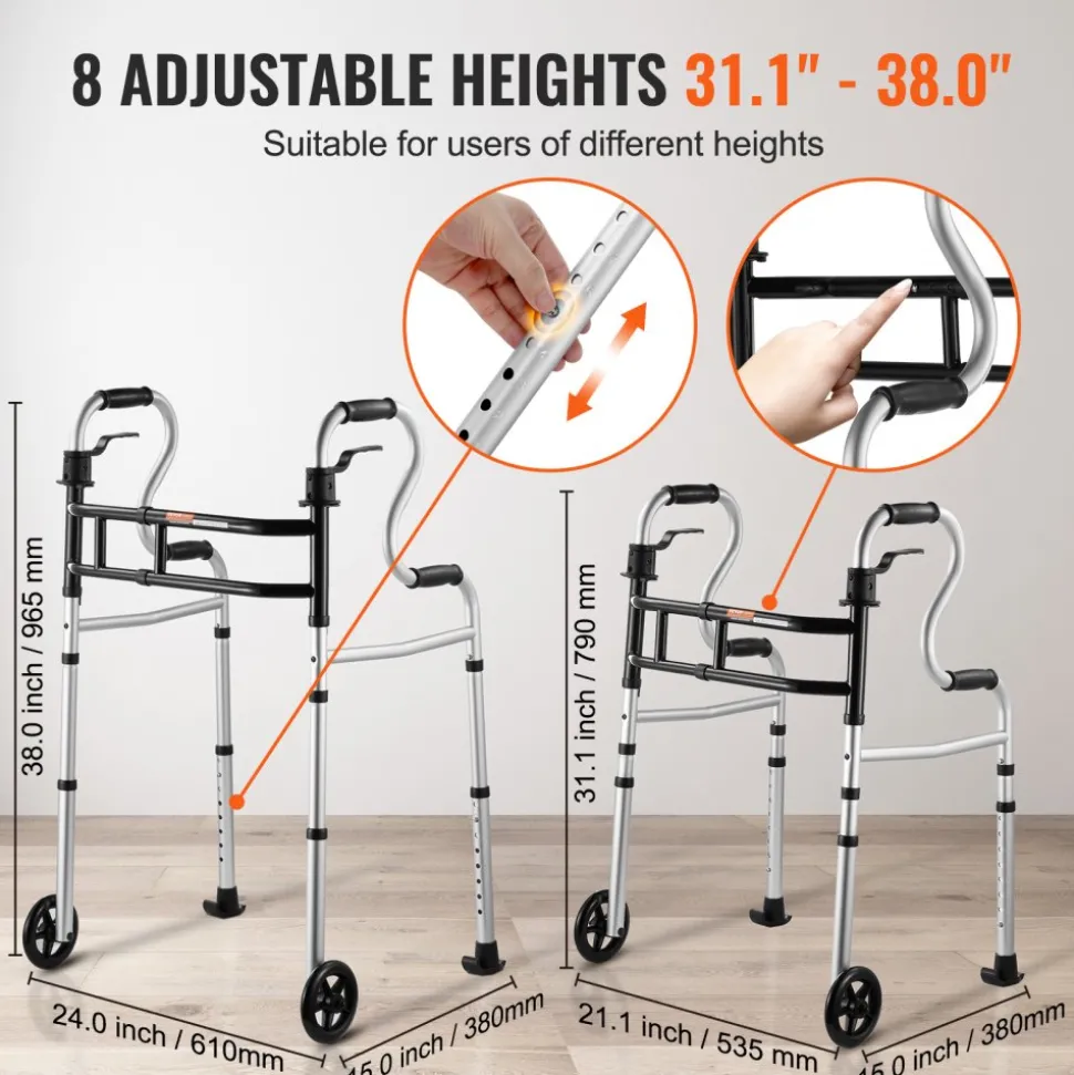 VEVOR Folding Walker on Wheels, 3-in-1 Stand-Assist Folding Walkers with Adjustable Height and Width, Lightweight Aluminum | Front Wheeled Mobility Aid for Elderly Handicapped Disabled, Up to 350LBS