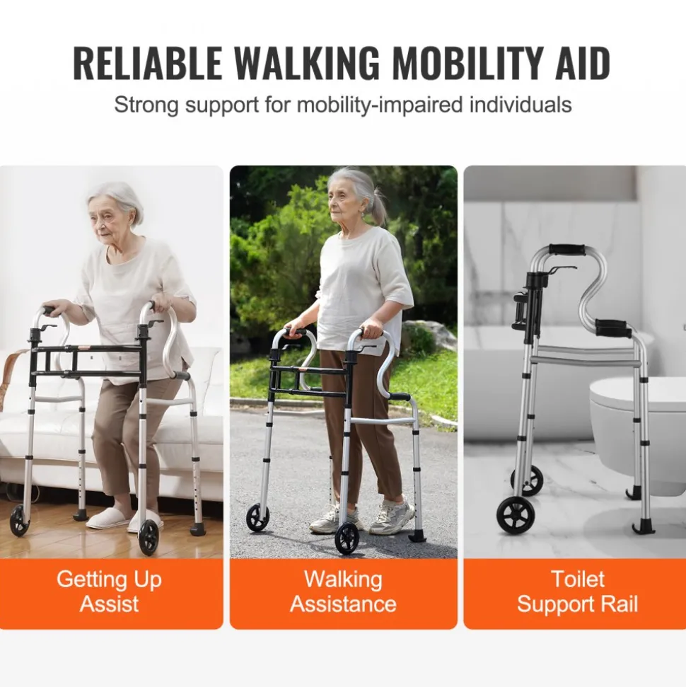 VEVOR Folding Walker on Wheels, 3-in-1 Stand-Assist Folding Walkers with Adjustable Height and Width, Lightweight Aluminum | Front Wheeled Mobility Aid for Elderly Handicapped Disabled, Up to 350LBS