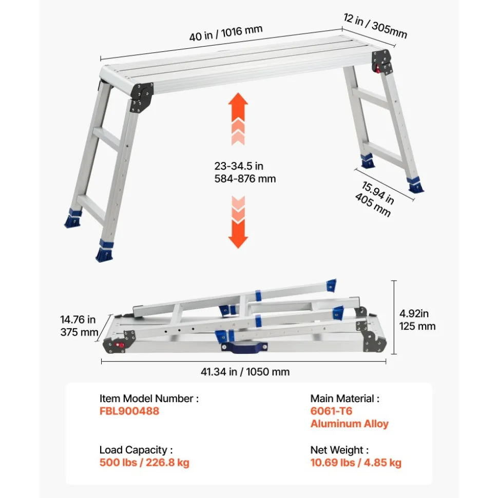 VEVOR Folding Work Platform, Adjustable Height 23-34.5 in, 40 x 12 in Aluminum Step Stool, 500 lbs Load Capacity, Heavy Duty Non-Slip Platform Ladder, Portable Work Bench for Painting, Maintenance