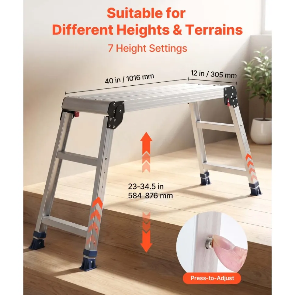 VEVOR Folding Work Platform, Adjustable Height 23-34.5 in, 40 x 12 in Aluminum Step Stool, 500 lbs Load Capacity, Heavy Duty Non-Slip Platform Ladder, Portable Work Bench for Painting, Maintenance