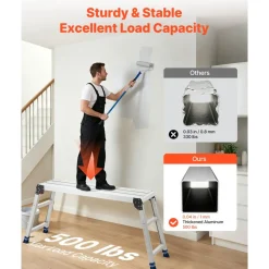 VEVOR Folding Work Platform, Adjustable Height 23-34.5 in, 40 x 12 in Aluminum Step Stool, 500 lbs Load Capacity, Heavy Duty Non-Slip Platform Ladder, Portable Work Bench for Painting, Maintenance
