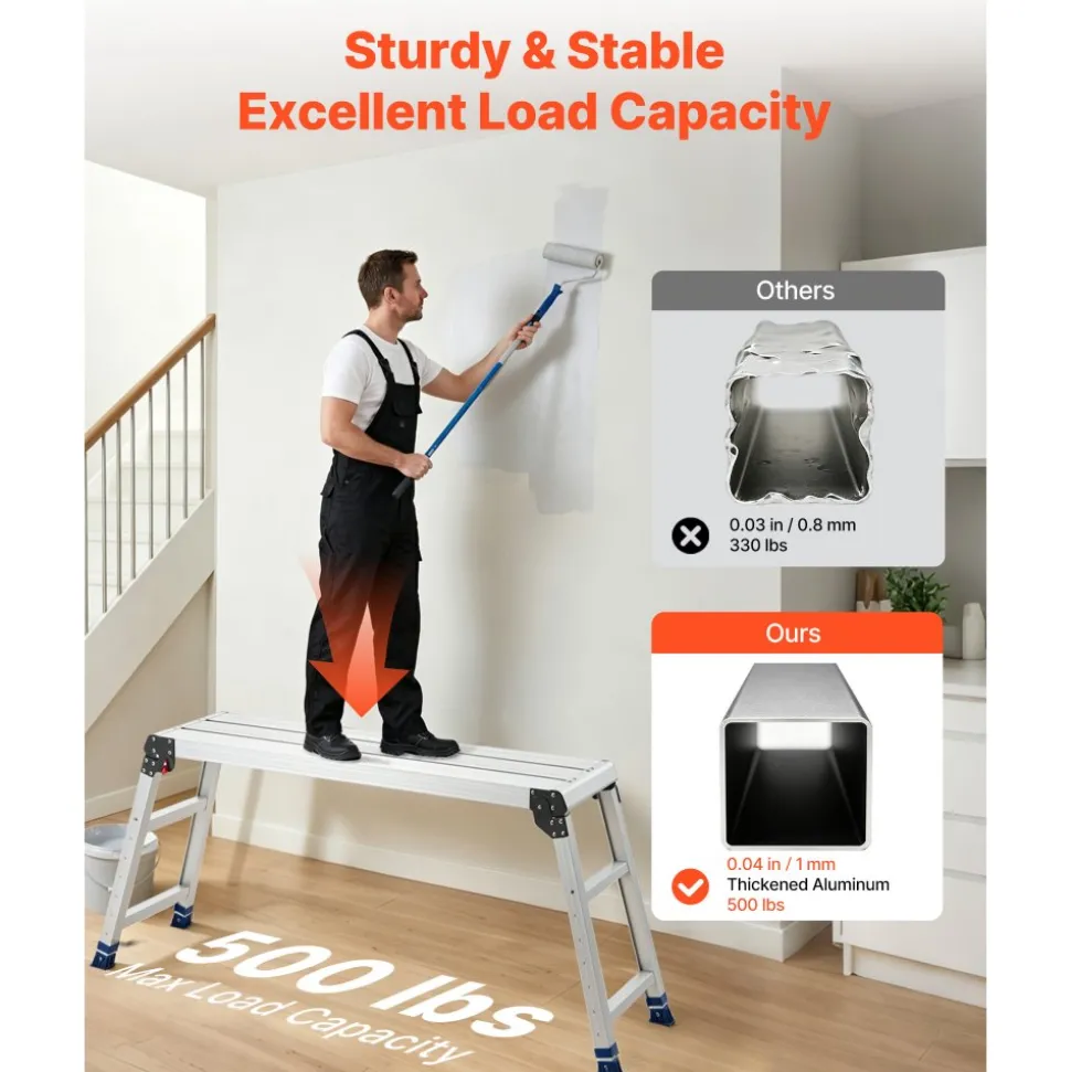 VEVOR Folding Work Platform, Adjustable Height 23-34.5 in, 40 x 12 in Aluminum Step Stool, 500 lbs Load Capacity, Heavy Duty Non-Slip Platform Ladder, Portable Work Bench for Painting, Maintenance