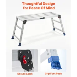 VEVOR Folding Work Platform, Adjustable Height 23-34.5 in, 40 x 18 in Aluminum Step Stool, 500 lbs Load Capacity, Heavy Duty Non-Slip Platform Ladder, Portable Work Bench for Painting, Maintenance