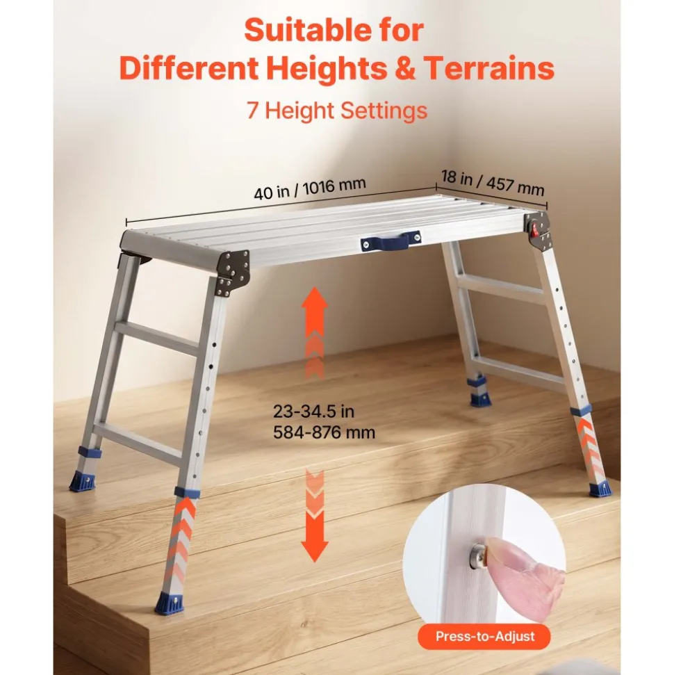VEVOR Folding Work Platform, Adjustable Height 23-34.5 in, 40 x 18 in Aluminum Step Stool, 500 lbs Load Capacity, Heavy Duty Non-Slip Platform Ladder, Portable Work Bench for Painting, Maintenance