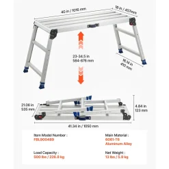 VEVOR Folding Work Platform, Adjustable Height 23-34.5 in, 40 x 18 in Aluminum Step Stool, 500 lbs Load Capacity, Heavy Duty Non-Slip Platform Ladder, Portable Work Bench for Painting, Maintenance