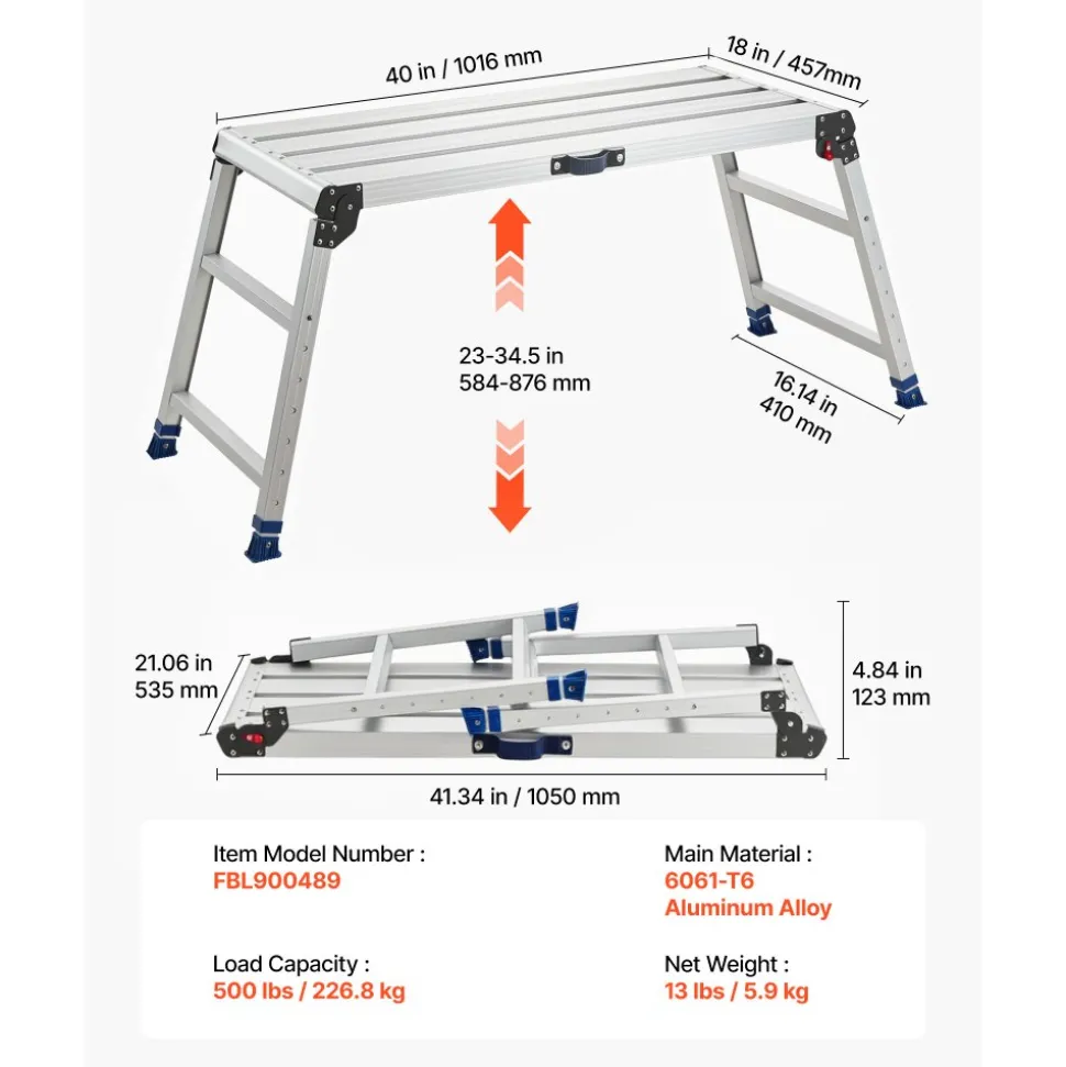 VEVOR Folding Work Platform, Adjustable Height 23-34.5 in, 40 x 18 in Aluminum Step Stool, 500 lbs Load Capacity, Heavy Duty Non-Slip Platform Ladder, Portable Work Bench for Painting, Maintenance