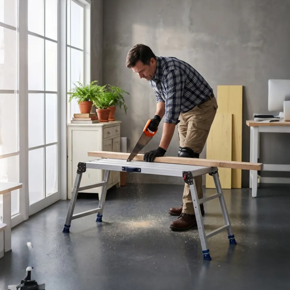 VEVOR Folding Work Platform, Adjustable Height 23-34.5 in, 40 x 18 in Aluminum Step Stool, 500 lbs Load Capacity, Heavy Duty Non-Slip Platform Ladder, Portable Work Bench for Painting, Maintenance