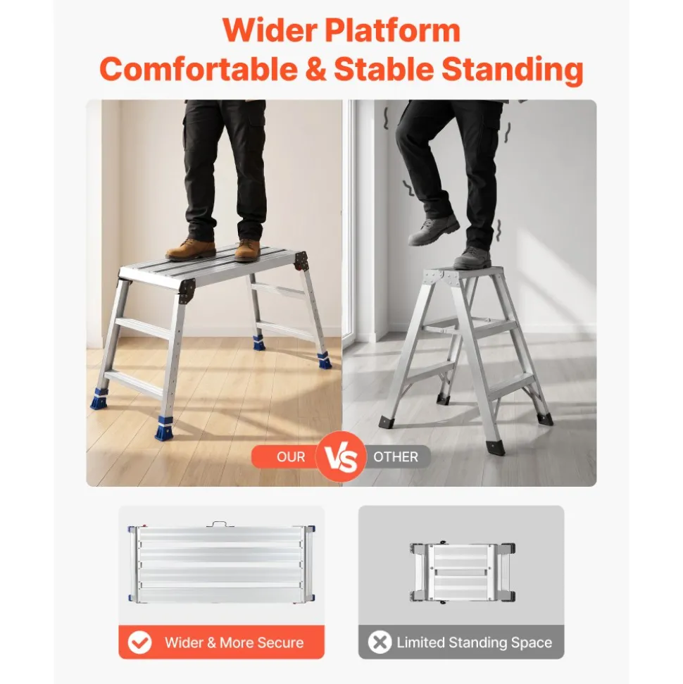VEVOR Folding Work Platform, Adjustable Height 23-34.5 in, 40 x 18 in Aluminum Step Stool, 500 lbs Load Capacity, Heavy Duty Non-Slip Platform Ladder, Portable Work Bench for Painting, Maintenance