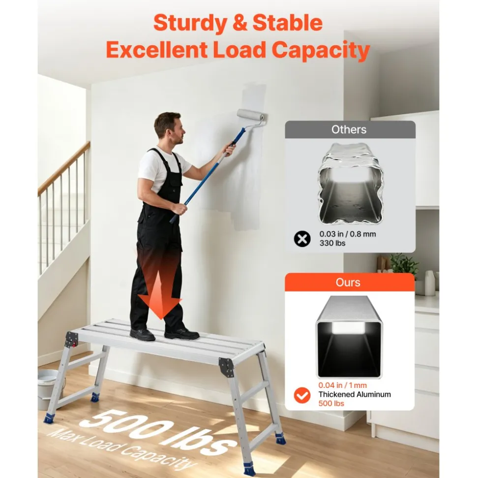VEVOR Folding Work Platform, Adjustable Height 23-34.5 in, 40 x 18 in Aluminum Step Stool, 500 lbs Load Capacity, Heavy Duty Non-Slip Platform Ladder, Portable Work Bench for Painting, Maintenance